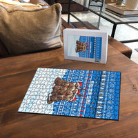 Estonia Christmas Puzzle with Santa Otters Lights Snowflakes and National Emblem on Blue Pattern - Wonder Print Shop