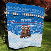 Estonia Christmas Quilt with Santa Otters Lights Snowflakes and National Emblem on Blue Pattern - Wonder Print Shop
