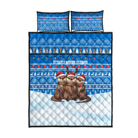 Estonia Christmas Quilt Bed Set with Santa Otters Lights Snowflakes and National Emblem on Blue Pattern - Wonder Print Shop