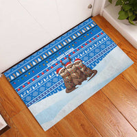 Estonia Christmas Rubber Doormat with Santa Otters Lights Snowflakes and National Emblem on Blue Pattern - Wonder Print Shop