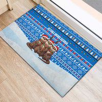 Estonia Christmas Rubber Doormat with Santa Otters Lights Snowflakes and National Emblem on Blue Pattern - Wonder Print Shop