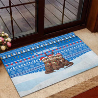 Estonia Christmas Rubber Doormat with Santa Otters Lights Snowflakes and National Emblem on Blue Pattern - Wonder Print Shop