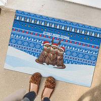 Estonia Christmas Rubber Doormat with Santa Otters Lights Snowflakes and National Emblem on Blue Pattern - Wonder Print Shop