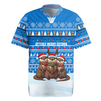 Estonia Christmas Rugby Jersey with Santa Otters Lights Snowflakes and National Emblem on Blue Pattern - Wonder Print Shop