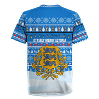 Estonia Christmas Rugby Jersey with Santa Otters Lights Snowflakes and National Emblem on Blue Pattern - Wonder Print Shop