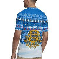 Estonia Christmas Rugby Jersey with Santa Otters Lights Snowflakes and National Emblem on Blue Pattern - Wonder Print Shop