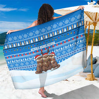 Estonia Christmas Sarong with Santa Otters Lights Snowflakes and National Emblem on Blue Pattern - Wonder Print Shop