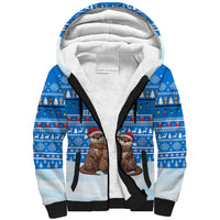 Estonia Christmas Sherpa Hoodie with Santa Otters Lights Snowflakes and National Emblem on Blue Pattern - Wonder Print Shop