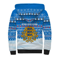 Estonia Christmas Sherpa Hoodie with Santa Otters Lights Snowflakes and National Emblem on Blue Pattern - Wonder Print Shop