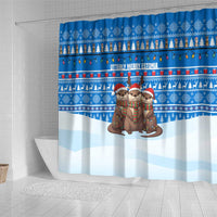 Estonia Christmas Shower Curtain with Santa Otters Lights Snowflakes and National Emblem on Blue Pattern - Wonder Print Shop