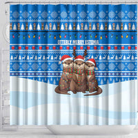 Estonia Christmas Shower Curtain with Santa Otters Lights Snowflakes and National Emblem on Blue Pattern - Wonder Print Shop