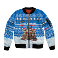 Estonia Christmas Sleeve Zip Bomber Jacket with Santa Otters Lights Snowflakes and National Emblem on Blue Pattern - Wonder Print Shop