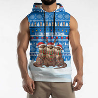 Estonia Christmas Sleeveless Hoodie with Santa Otters Lights Snowflakes and National Emblem on Blue Pattern - Wonder Print Shop