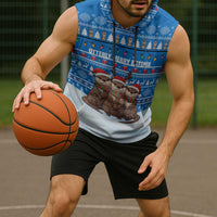 Estonia Christmas Sleeveless Hoodie with Santa Otters Lights Snowflakes and National Emblem on Blue Pattern - Wonder Print Shop