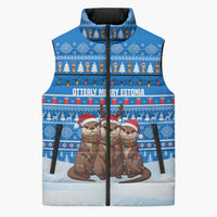 Estonia Christmas Sleeveless Puffer Jacket with Santa Otters Lights Snowflakes and National Emblem on Blue Pattern - Wonder Print Shop