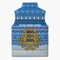 Estonia Christmas Sleeveless Puffer Jacket with Santa Otters Lights Snowflakes and National Emblem on Blue Pattern - Wonder Print Shop