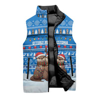 Estonia Christmas Sleeveless Puffer Jacket with Santa Otters Lights Snowflakes and National Emblem on Blue Pattern - Wonder Print Shop