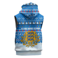 Estonia Christmas Sleeveless Zip Hoodie with Santa Otters Lights Snowflakes and National Emblem on Blue Pattern - Wonder Print Shop