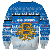 Estonia Christmas Sweatshirt with Santa Otters Lights Snowflakes and National Emblem on Blue Pattern - Wonder Print Shop