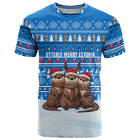 Estonia Christmas T Shirt with Santa Otters Lights Snowflakes and National Emblem on Blue Pattern - Wonder Print Shop