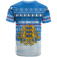 Estonia Christmas T Shirt with Santa Otters Lights Snowflakes and National Emblem on Blue Pattern - Wonder Print Shop