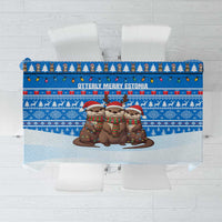 Estonia Christmas Tablecloth with Santa Otters Lights Snowflakes and National Emblem on Blue Pattern - Wonder Print Shop