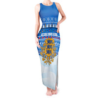 Estonia Christmas Tank Maxi Dress with Santa Otters Lights Snowflakes and National Emblem on Blue Pattern - Wonder Print Shop
