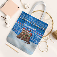 Estonia Christmas Tote Bag with Santa Otters Lights Snowflakes and National Emblem on Blue Pattern - Wonder Print Shop