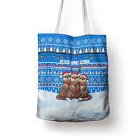 Estonia Christmas Tote Bag with Santa Otters Lights Snowflakes and National Emblem on Blue Pattern - Wonder Print Shop