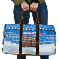 Estonia Christmas Travel Bag with Santa Otters Lights Snowflakes and National Emblem on Blue Pattern - Wonder Print Shop