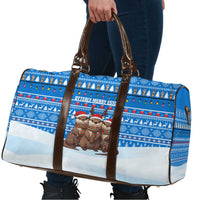Estonia Christmas Travel Bag with Santa Otters Lights Snowflakes and National Emblem on Blue Pattern - Wonder Print Shop