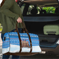 Estonia Christmas Travel Bag with Santa Otters Lights Snowflakes and National Emblem on Blue Pattern - Wonder Print Shop