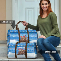 Estonia Christmas Travel Bag with Santa Otters Lights Snowflakes and National Emblem on Blue Pattern - Wonder Print Shop