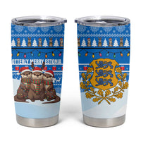 Estonia Christmas Tumbler Cup with Santa Otters Lights Snowflakes and National Emblem on Blue Pattern - Wonder Print Shop
