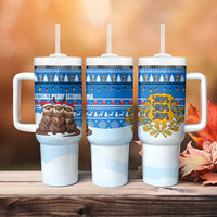 Estonia Christmas Tumbler With Handle with Santa Otters Lights Snowflakes and National Emblem on Blue Pattern - Wonder Print Shop