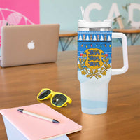 Estonia Christmas Tumbler With Handle with Santa Otters Lights Snowflakes and National Emblem on Blue Pattern - Wonder Print Shop