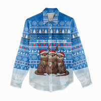 Estonia Christmas Women Casual Shirt with Santa Otters Lights Snowflakes and National Emblem on Blue Pattern - Wonder Print Shop