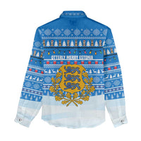 Estonia Christmas Women Casual Shirt with Santa Otters Lights Snowflakes and National Emblem on Blue Pattern - Wonder Print Shop