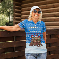 Estonia Christmas Women Polo Shirt with Santa Otters Lights Snowflakes and National Emblem on Blue Pattern - Wonder Print Shop