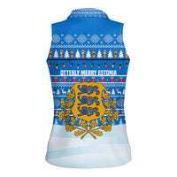 Estonia Christmas Women Sleeveless Polo Shirt with Santa Otters Lights Snowflakes and National Emblem on Blue Pattern - Wonder Print Shop