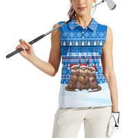 Estonia Christmas Women Sleeveless Polo Shirt with Santa Otters Lights Snowflakes and National Emblem on Blue Pattern - Wonder Print Shop