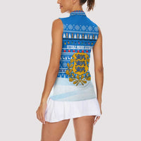 Estonia Christmas Women Sleeveless Polo Shirt with Santa Otters Lights Snowflakes and National Emblem on Blue Pattern - Wonder Print Shop