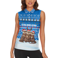Estonia Christmas Women Sleeveless Polo Shirt with Santa Otters Lights Snowflakes and National Emblem on Blue Pattern - Wonder Print Shop