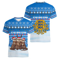 Estonia Christmas Women V-Neck T-Shirt with Santa Otters Lights Snowflakes and National Emblem on Blue Pattern - Wonder Print Shop