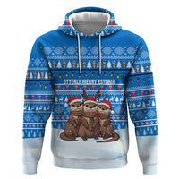 Estonia Christmas Zip Hoodie with Santa Otters Lights Snowflakes and National Emblem on Blue Pattern - Wonder Print Shop