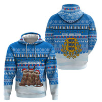 Estonia Christmas Zip Hoodie with Santa Otters Lights Snowflakes and National Emblem on Blue Pattern - Wonder Print Shop