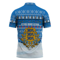 Estonia Christmas Zipper Polo Shirt with Santa Otters Lights Snowflakes and National Emblem on Blue Pattern - Wonder Print Shop