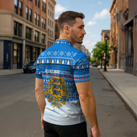 Estonia Christmas Zipper Polo Shirt with Santa Otters Lights Snowflakes and National Emblem on Blue Pattern - Wonder Print Shop