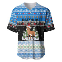 Estonia Christmas Baseball Jersey with Reindeer Gingerbread Snowflakes National Emblem and Winter Forest - Wonder Print Shop