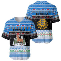 Estonia Christmas Baseball Jersey with Reindeer Gingerbread Snowflakes National Emblem and Winter Forest - Wonder Print Shop